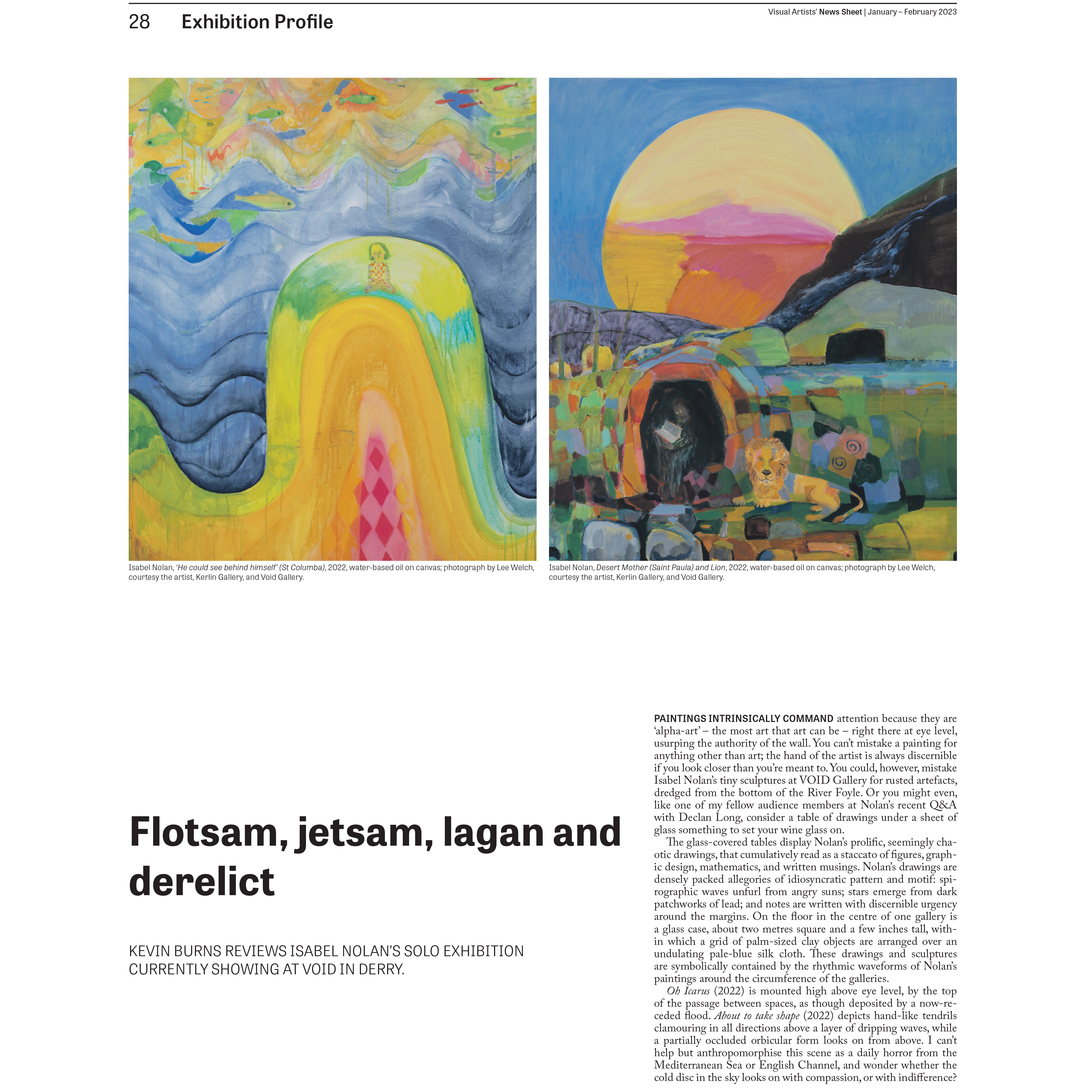 Magazine page with heading 'flotsam, jetsam, lagan and derelict' and block of review text, two images are aligned at the top. Paintings are colourful with swirls and patterns.